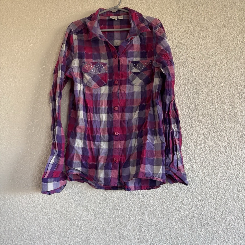 Children's Place Girls Plaid Button Shirt Top LG 10/12 Pink/Purple Bling Pockets
